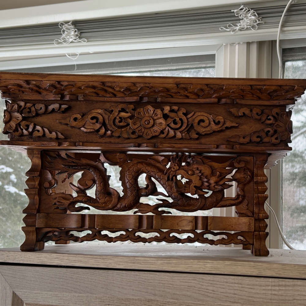 Hand Carved Wooden Tibetan Alter Table with Dragon Motif - Brown